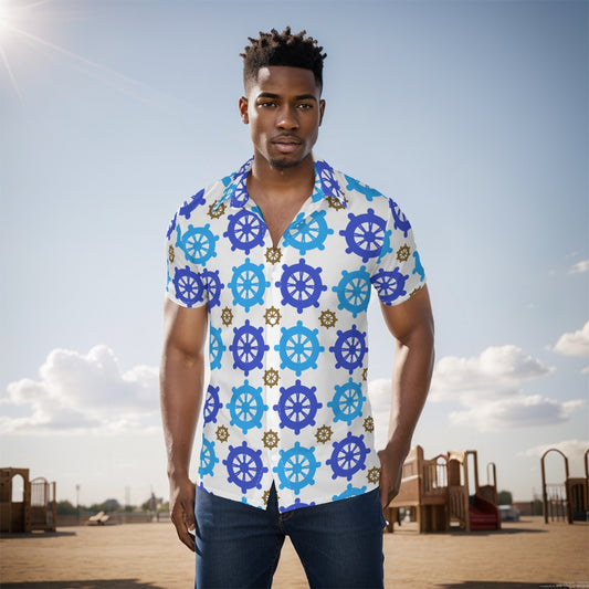 Captain's Wheel Geometric Cruise Shirt for Men - Blue White Pattern Summer Wear