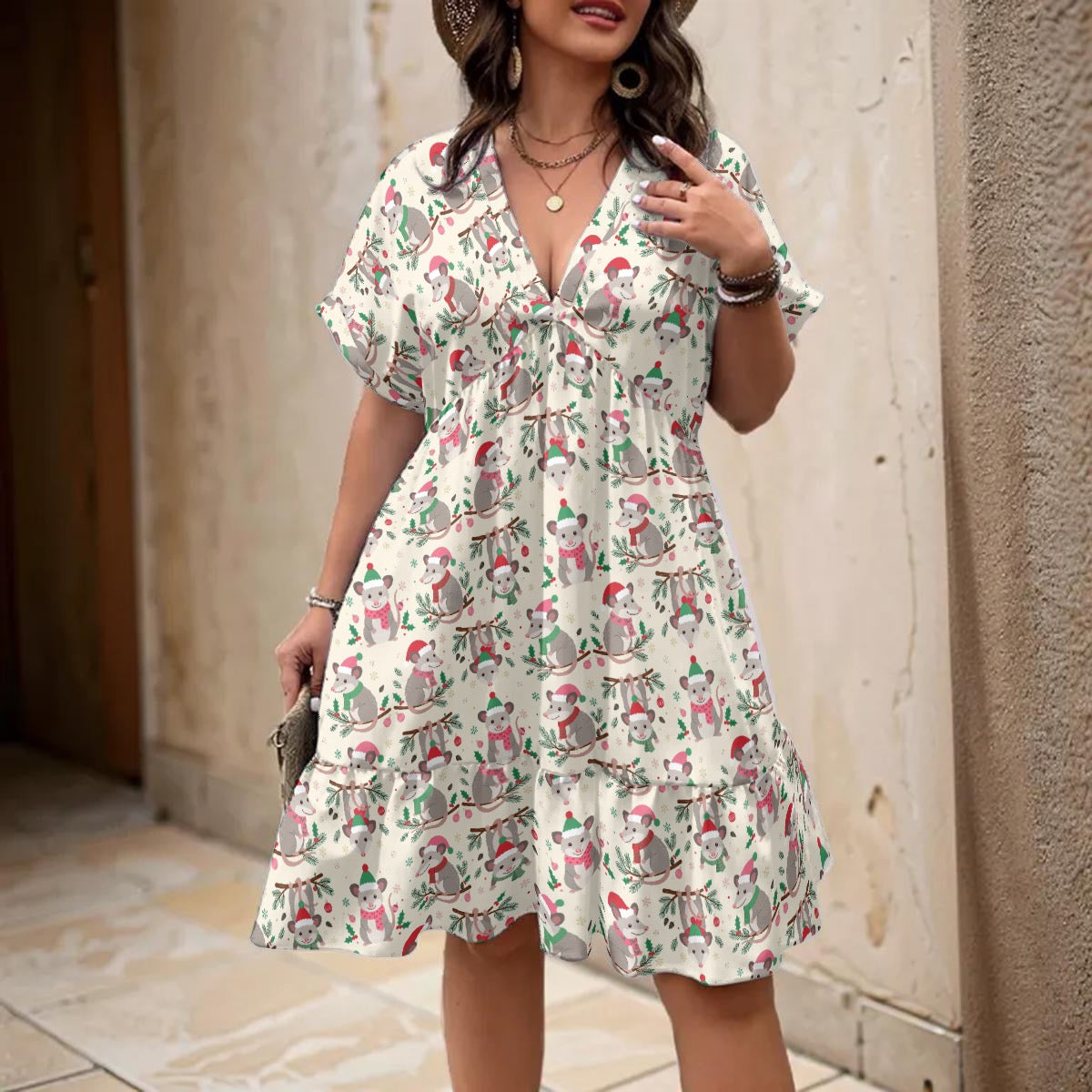 Women’s Christmas Possum Dress Funny Holiday Possum Print Dress, Festive Christmas Dress