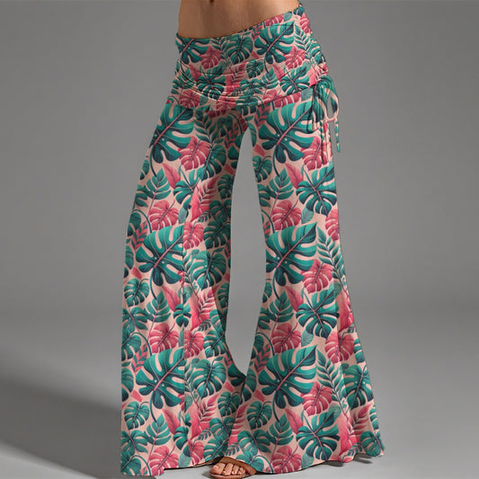 Women's High Waist Wide Leg Pants Hippie Leaf Print Pink Green Plant Yoga Pants
