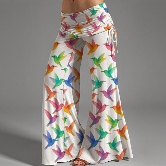 Women's High Waist Wide Leg Pants with Watercolor Rainbow Colorful Hummingbird Print