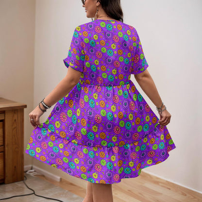 60s Purple Pop Art Zinnia Dress for Women – Retro Floral V-Neck A-Line Dress