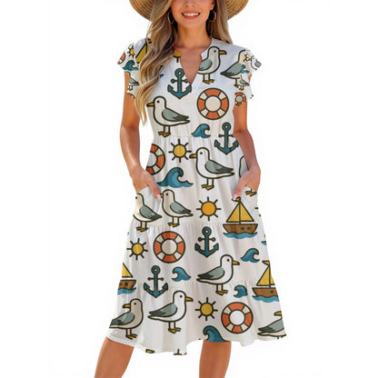 Women's Nautical White Cap Sleeve Midi Dress with Seagulls & Sailboats, Soft Milk Silk Fabric