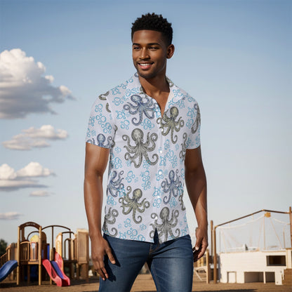 Blue Vintage Octopus Button-Up Shirt Nautical Ocean Print Men’s Beach & Cruise Top