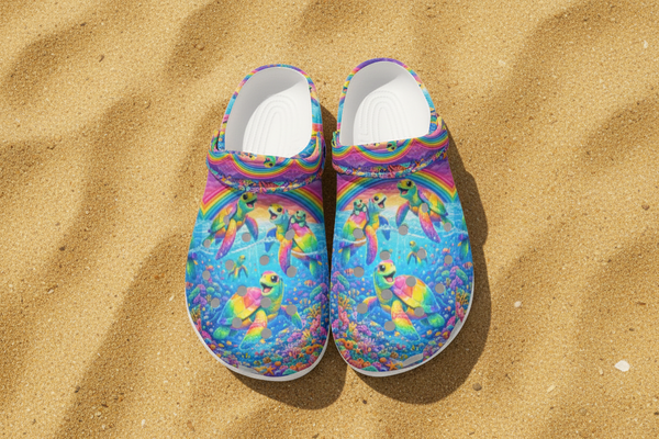 Rainbow Turtle Clogs Colorful 90s Neon Aesthetic Waterproof Cruise & Beach Travel Shoes Women's