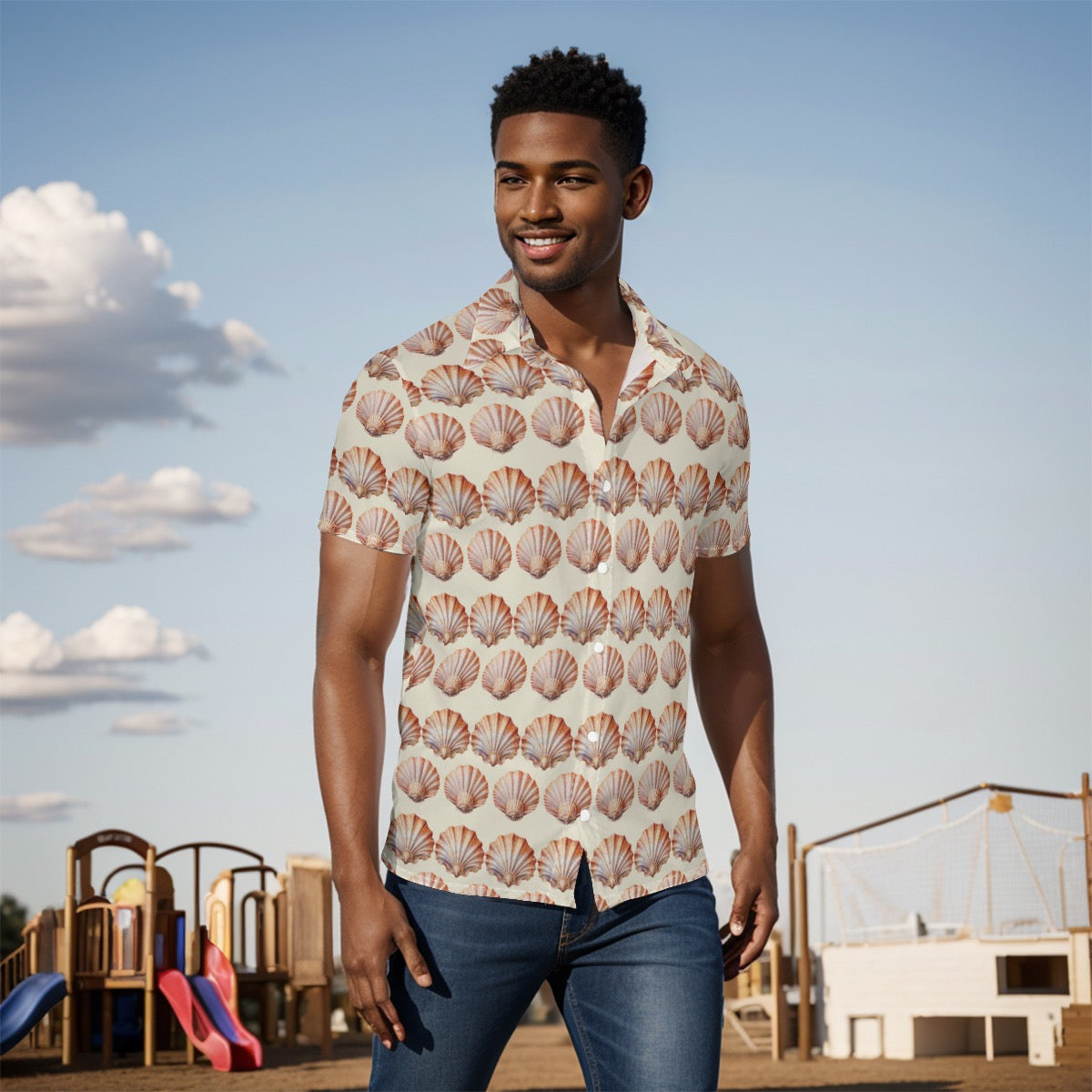 Men’s Sand Seashell Button-Up Shirt – Lightweight Beach & Cruise Vacation Top