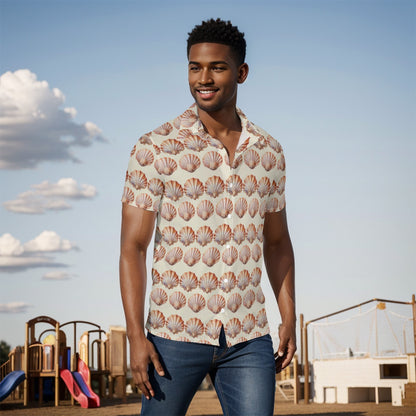 Men’s Sand Seashell Button-Up Shirt – Lightweight Beach & Cruise Vacation Top