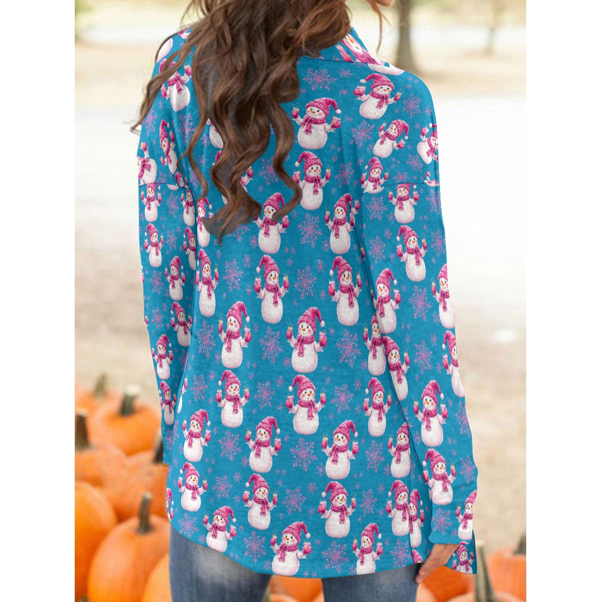 Pink Blue Snowman Graphic Cardigan Ladies Winter Holiday Sweater