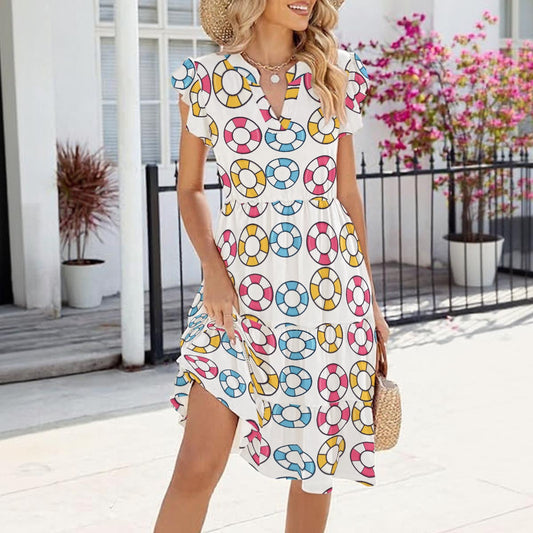 Women's Pink Blue Yellow Swim Rings Midi Dress with Pockets for Cruise & Beach Vacations