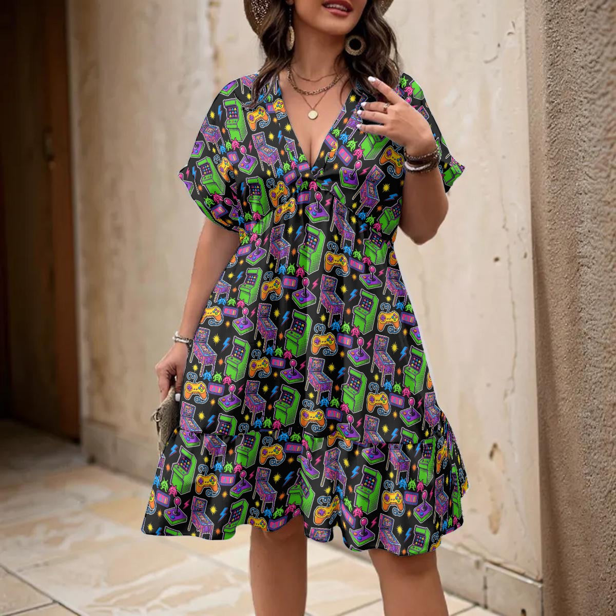Women's Blacklight Retro Arcade Dress – Vintage Pinball Machine Gamer Print
