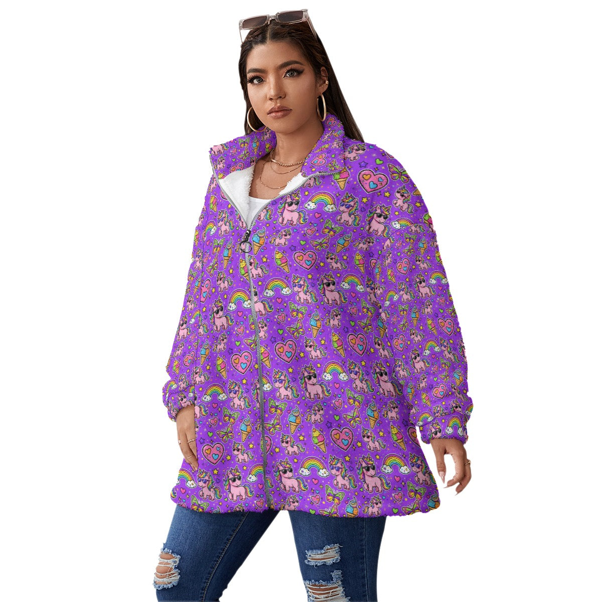 Purple Rainbow Unicorn Oversized Borg Fleece Coat – Cozy Stand-Up Collar Zip-Up Jacket