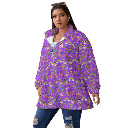 Purple Rainbow Unicorn Oversized Borg Fleece Coat – Cozy Stand-Up Collar Zip-Up Jacket