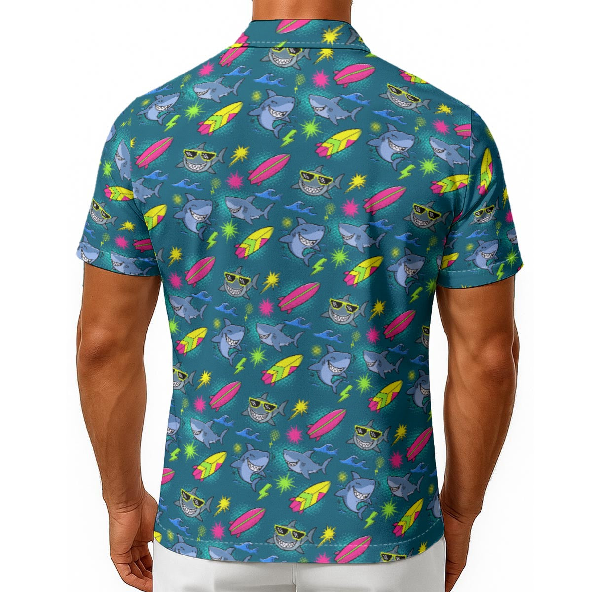 Men's Surfing Shark Hawaiian Shirt – Tropical Ocean Button-Up Short Sleeve Shirt