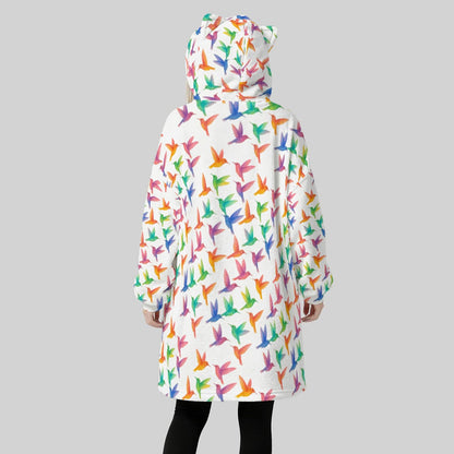 Women's Rainbow Hummingbird Blanket Hoodie – Colorful Bird Print Oversized Fleece Wearable Blanket