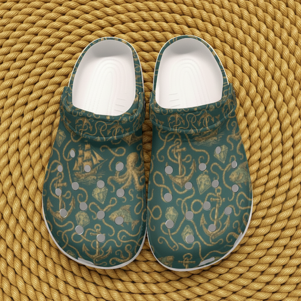 Vintage Sea Green & Gold Anchor Clogs Waterproof Cruise Captain Shoes Nautical Women's Classic Clogs