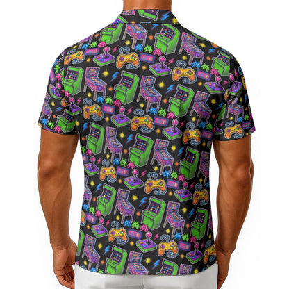Men’s Vintage Retro Arcade Hawaiian Button-Up Shirt, Classic Video Game Print on Black, 80s Gamer