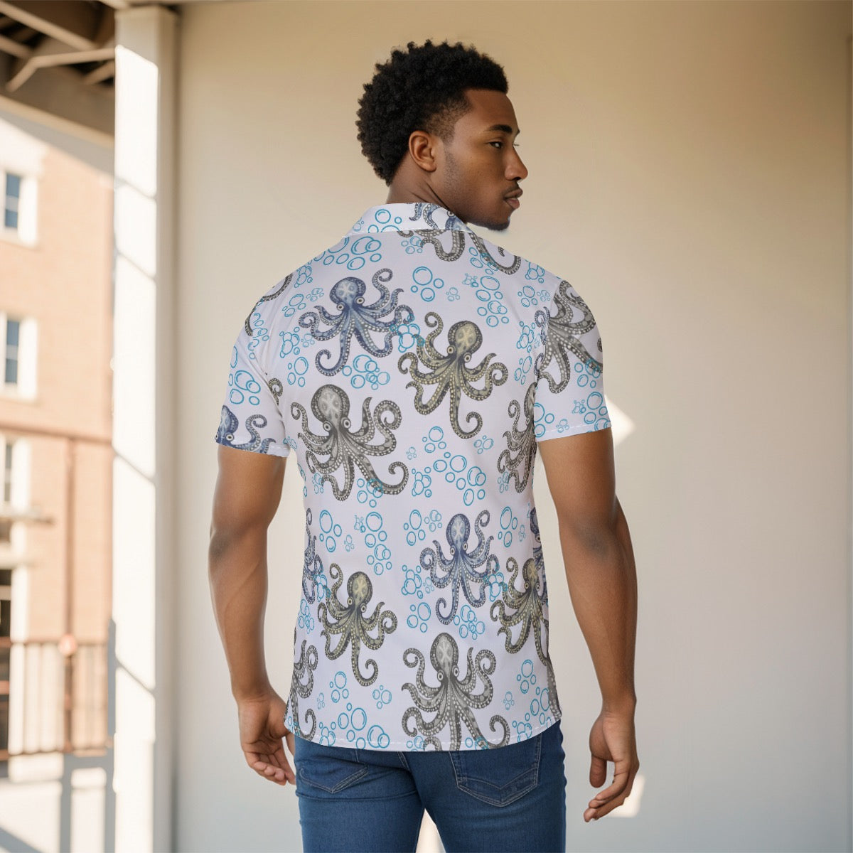 Blue Vintage Octopus Button-Up Shirt Nautical Ocean Print Men’s Beach & Cruise Top