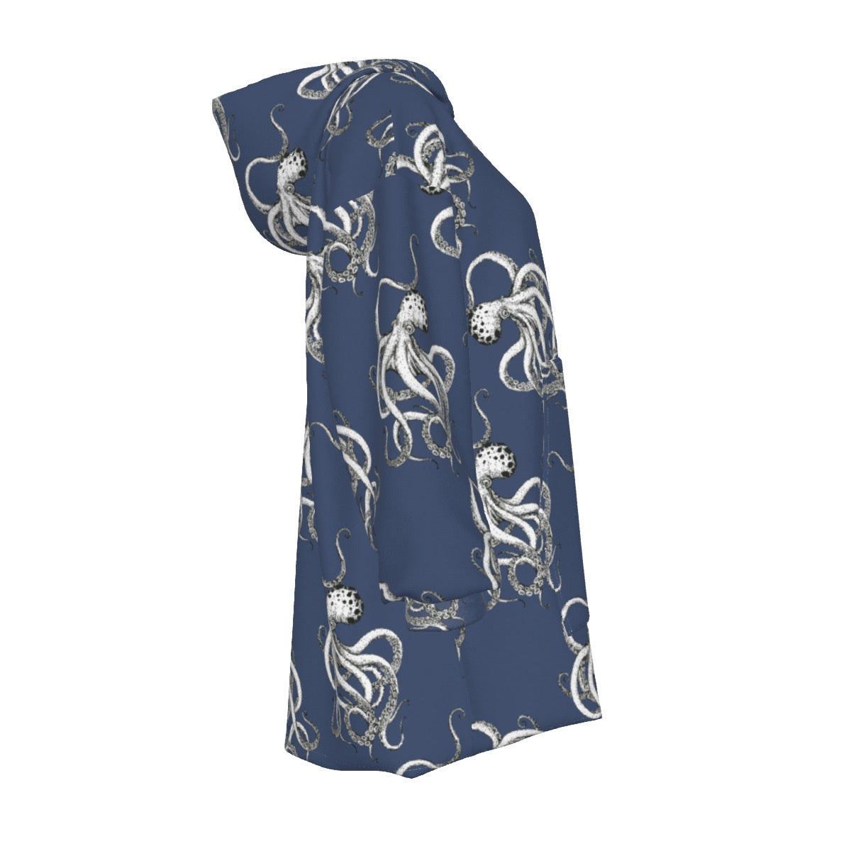Navy Blue Vintage Octopus Print Cozy Fleece Oversized Sweatshirt Women's Sherpa Fleece Hoodie Blanket