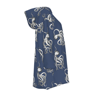 Navy Blue Vintage Octopus Print Cozy Fleece Oversized Sweatshirt Women's Sherpa Fleece Hoodie Blanket
