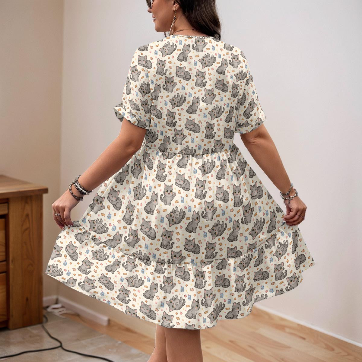 MewTwo the Cat Print Dress for Women – Cute Cat Lover V-Neck A-Line Dress