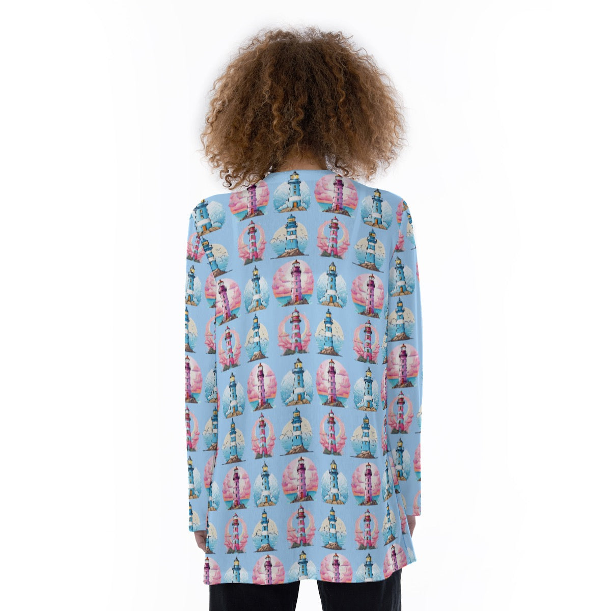 Pink & Blue Lighthouse Sweater Nautical Coastal Knit Top Cruise & Beach Vacation Wear Pockets