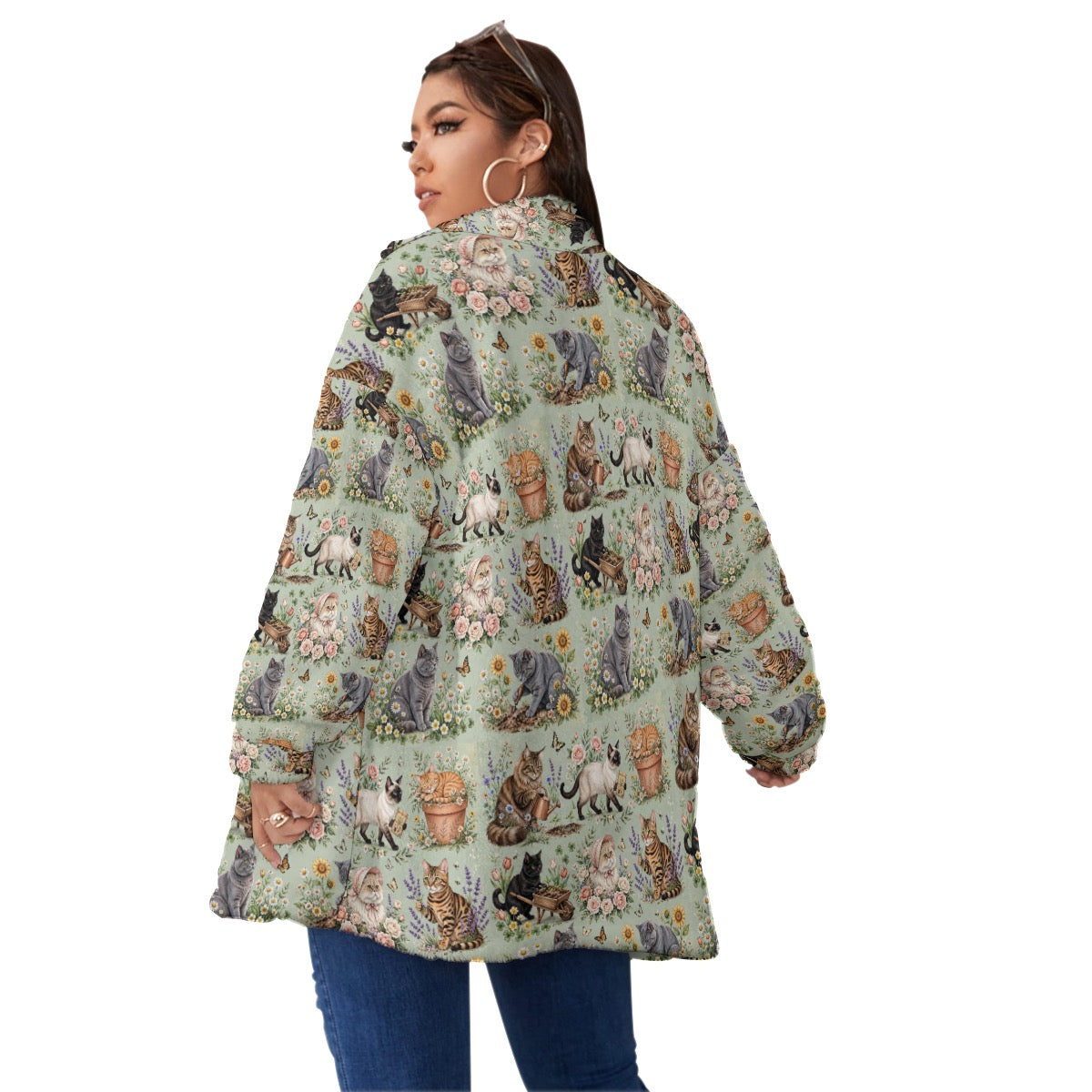 Unisex Gardening Cats Borg Fleece Coat Soft Cozy Green Cat Garden Jacket, Plus Size