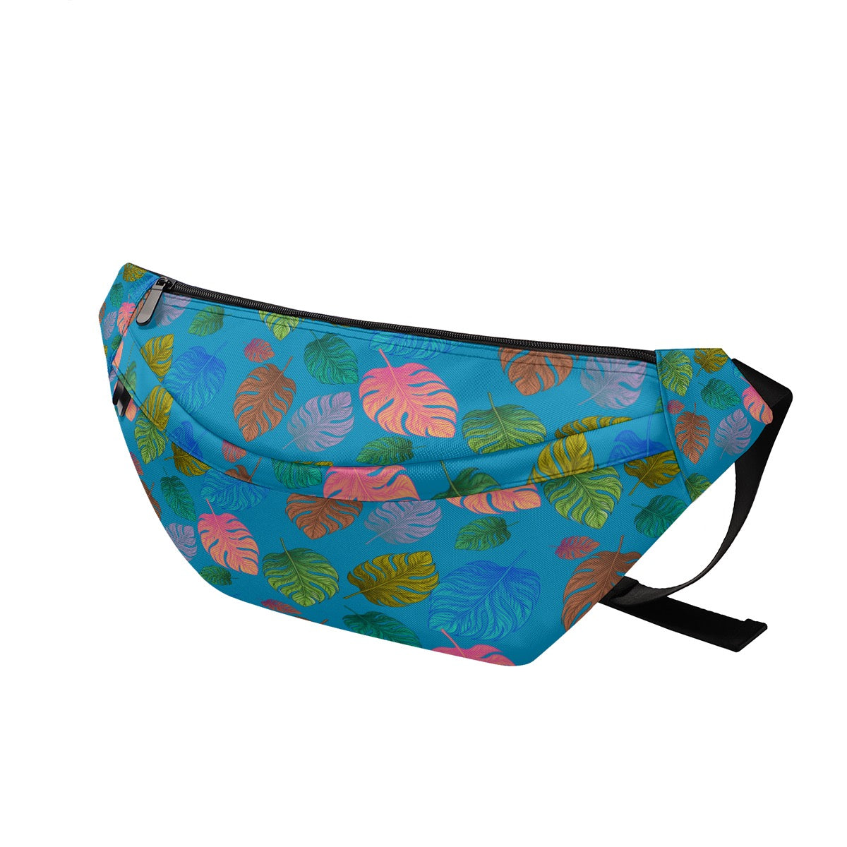 Blue Tropical Leaf Fanny Pack Colorful Vacation Waist Bag Cruise & Beach Travel Large Fanny Bag