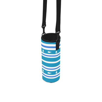 Ocean Blue Whale Water Bottle Sleeve with Strap Nautical Striped Cape Cod Travel Cup Holder