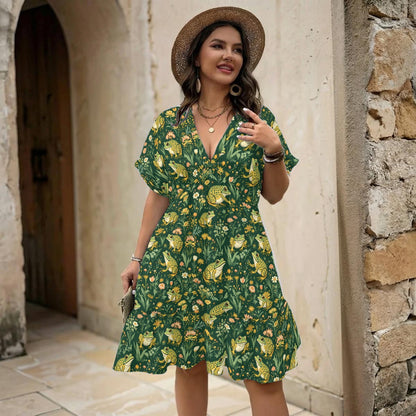 Green Spotted Frog Fairycore Loose Poly-Spandex Dr V-Neck Short Sleeve Dress