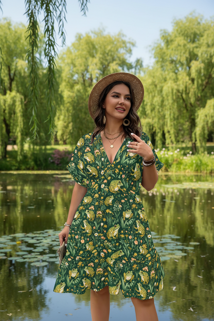 Green Spotted Frog Fairycore Loose Poly-Spandex V-Neck Short Sleeve Dress