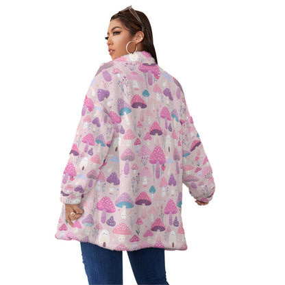 Pink Happy Mushroom Print Super Soft Cozy Jacket Closure (Plus Size)