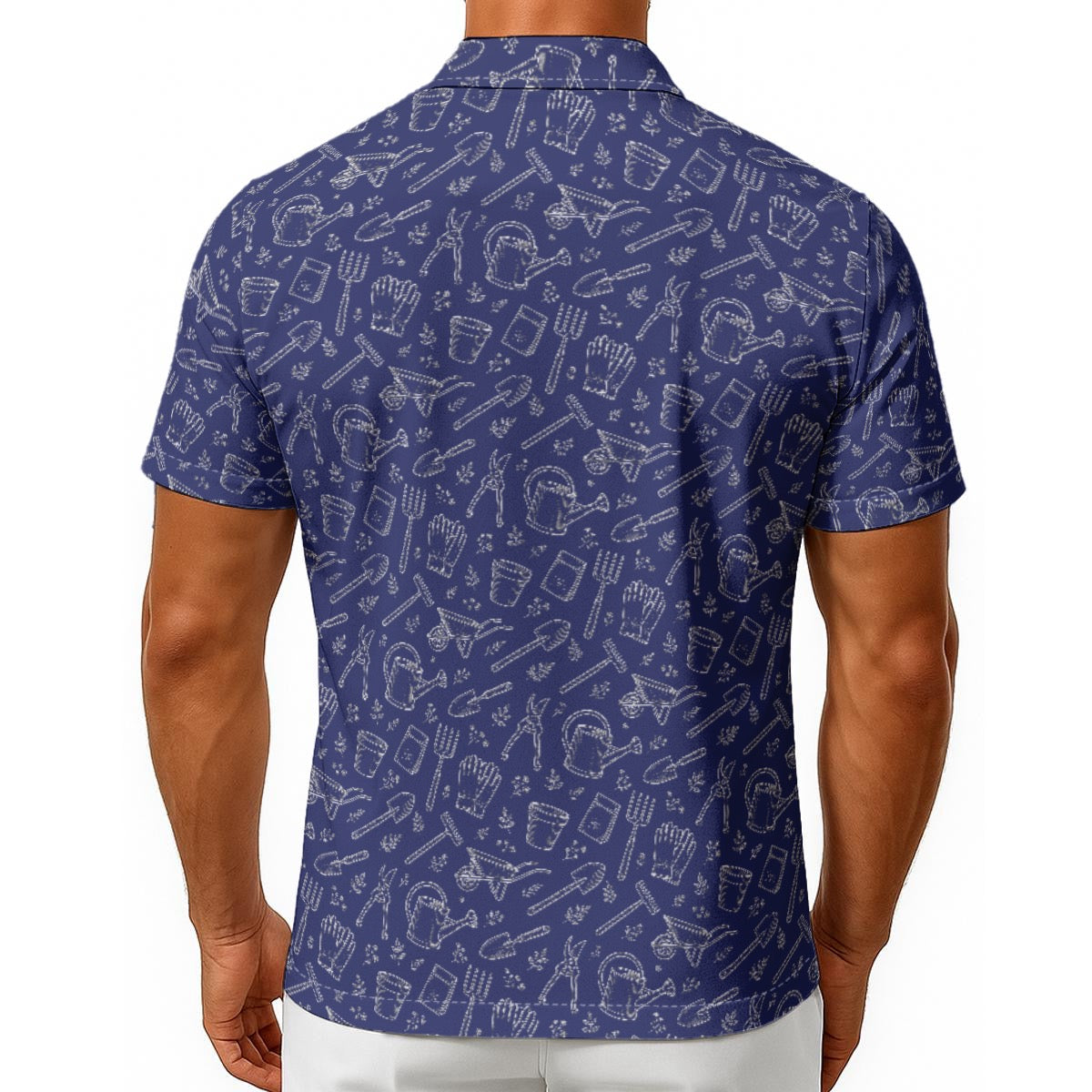Men’s Vintage Botanical Gardening Hawaiian Button-Up Shirt, Blue and White Plant Print, Gardening