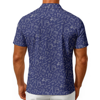 Men’s Vintage Botanical Gardening Hawaiian Button-Up Shirt, Blue and White Plant Print, Gardening