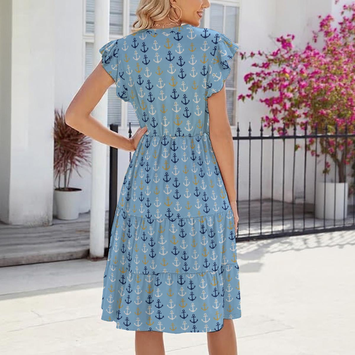 Women’s Nautical Anchor Maxi Dress with Pockets – Baby Blue Long Comfy Summer Dress
