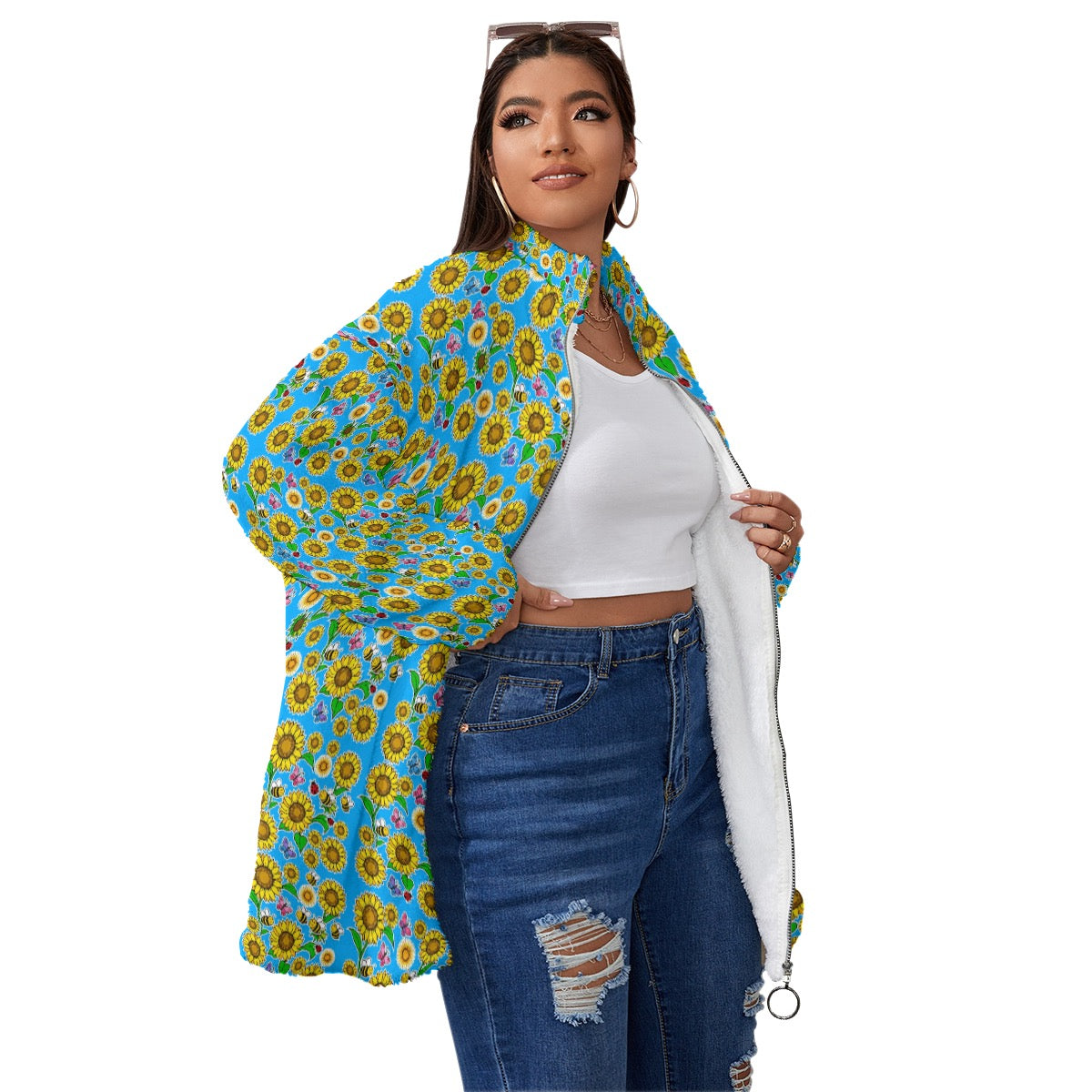 Sky Blue Sunflower Oversized Borg Fleece Coat – Cozy Zip-Up Winter Jacket
