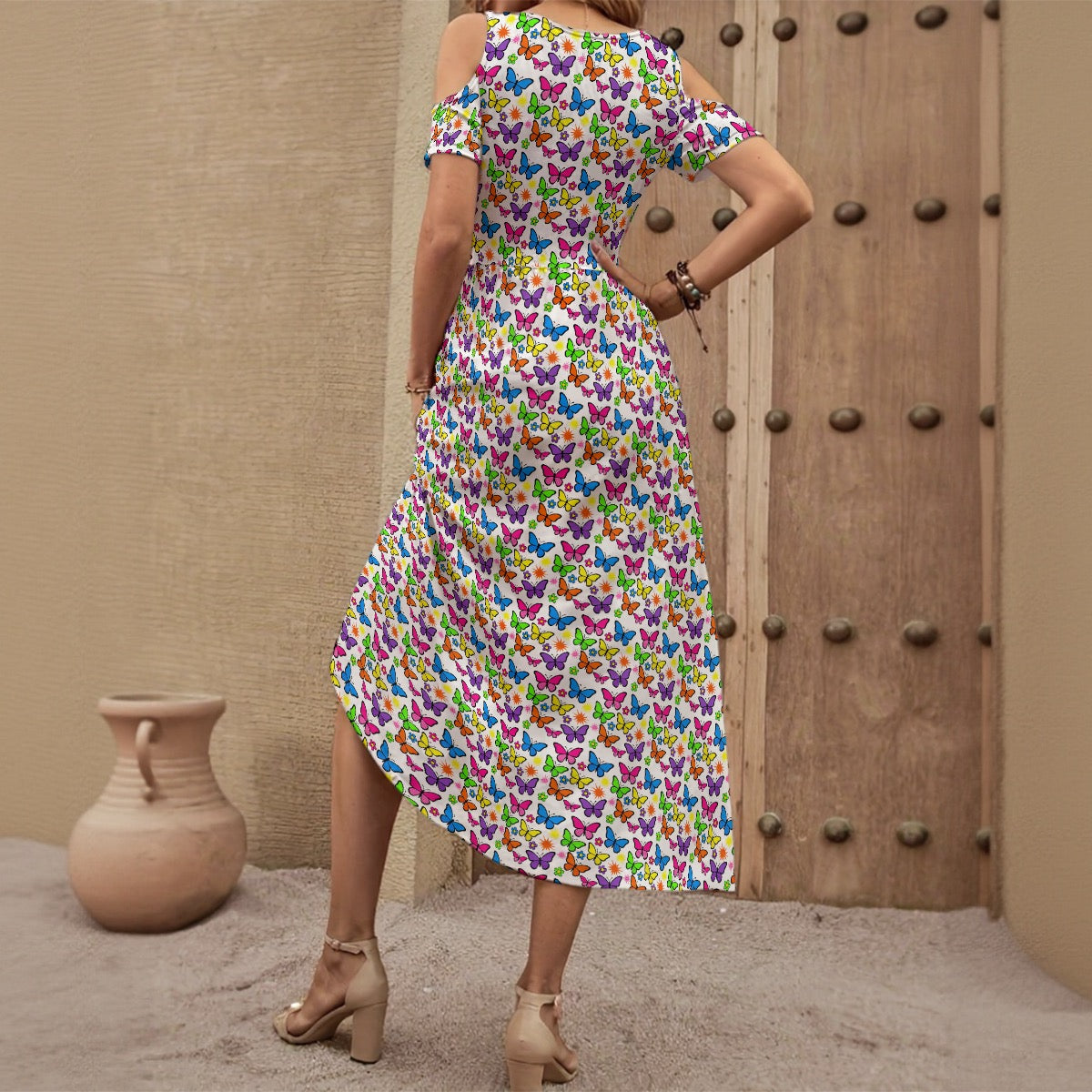 70s Butterfly Print Dress for Women – Retro Groovy Off-Shoulder V-Neck Dress