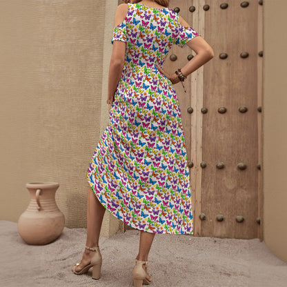 70s Butterfly Print Dress for Women – Retro Groovy Off-Shoulder V-Neck Dress