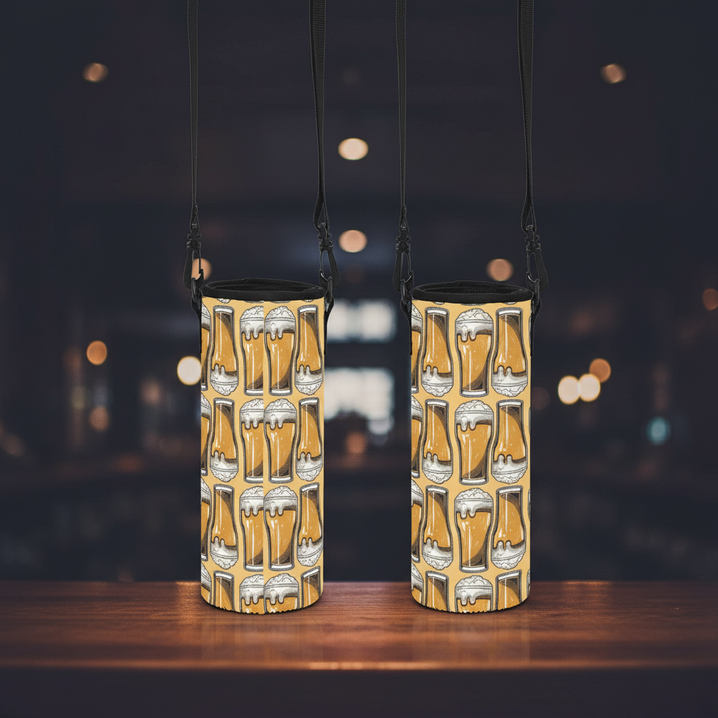 Draft Beer Print Water Bottle Sleeve with Strap Beer Lover Travel Cup Holder Funny Brewery Gift