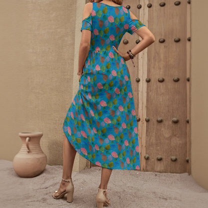Women’s Open-Shoulder Tropical Leaf Maxi Dress Colorful Blue Vacation Dress With Pockets