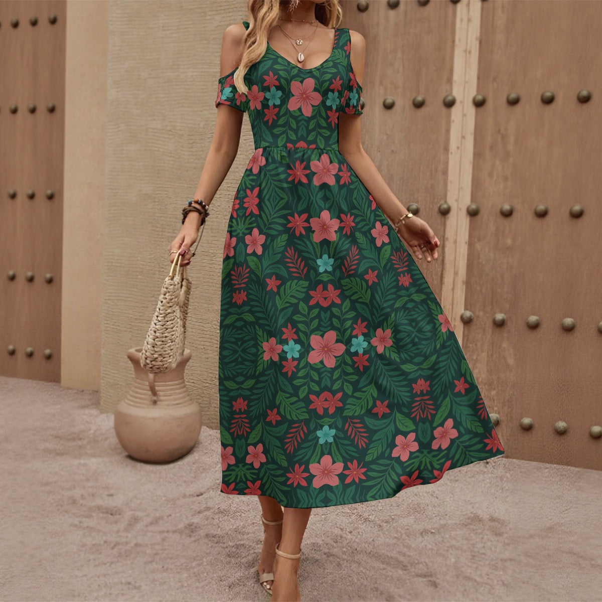 Relaxing Vacation Floral All-Over Print Women's V-neck Off-shoulder Dress Matching Couples Outfit