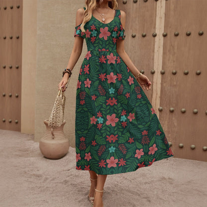 Relaxing Vacation Floral All-Over Print Women's V-neck Off-shoulder Dress Matching Couples Outfit