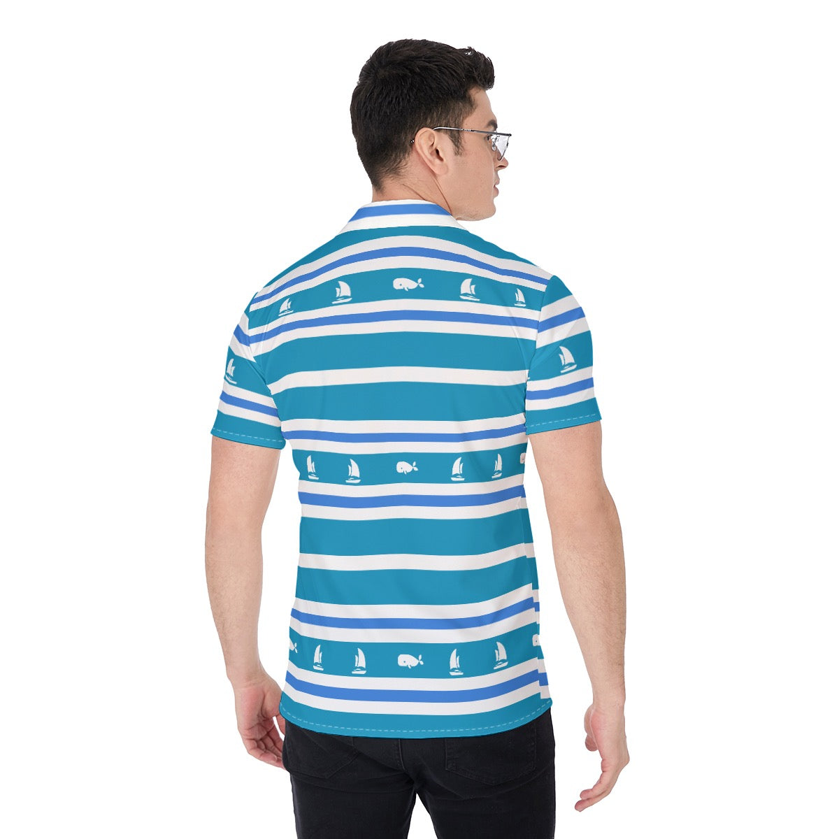 Men’s Sailboat & Whale Striped Button-Up Shirt Blue & White Nautical Cruise Top Lightweight