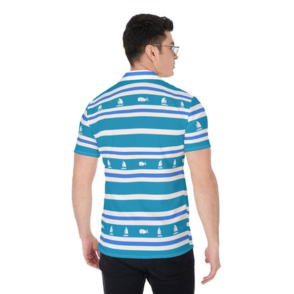 Men’s Sailboat & Whale Striped Button-Up Shirt Blue & White Nautical Cruise Top Lightweight
