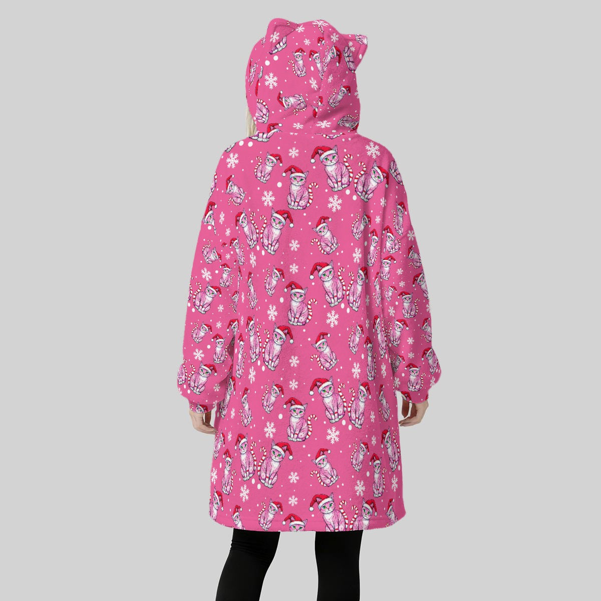 Hot Pink Candy Cane Cat Christmas Hoodie Blanket – Women’s Fleece Wearable Blanket