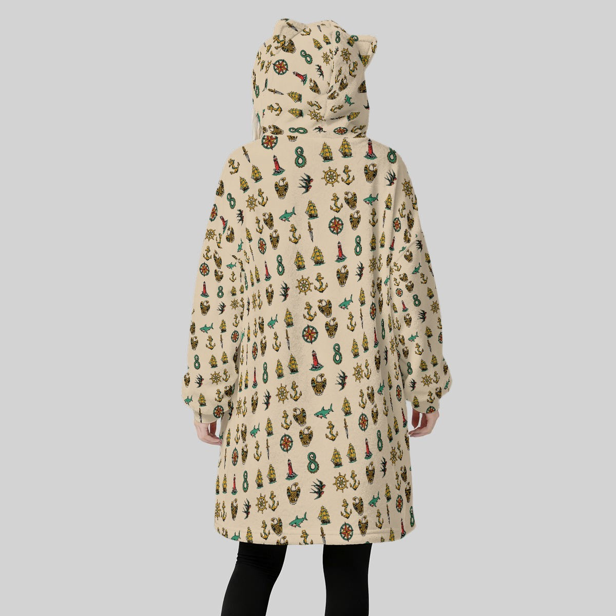 Women's Rockabilly Nautical Cat Blanket Hoodie – Vintage Tattoo Art Print