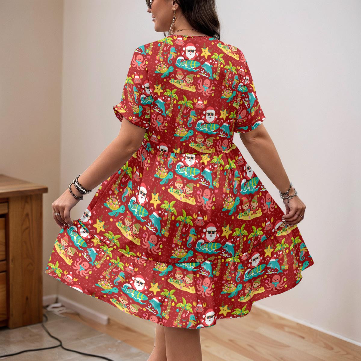 Santa Christmas Cruise Dress for Women – Festive Holiday V-Neck A-Line Dress