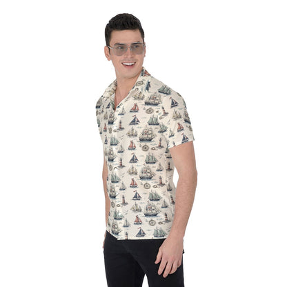 Men’s Vintage Sailboat Button Up Shirt – Nautical Coastal Cruise Shirt