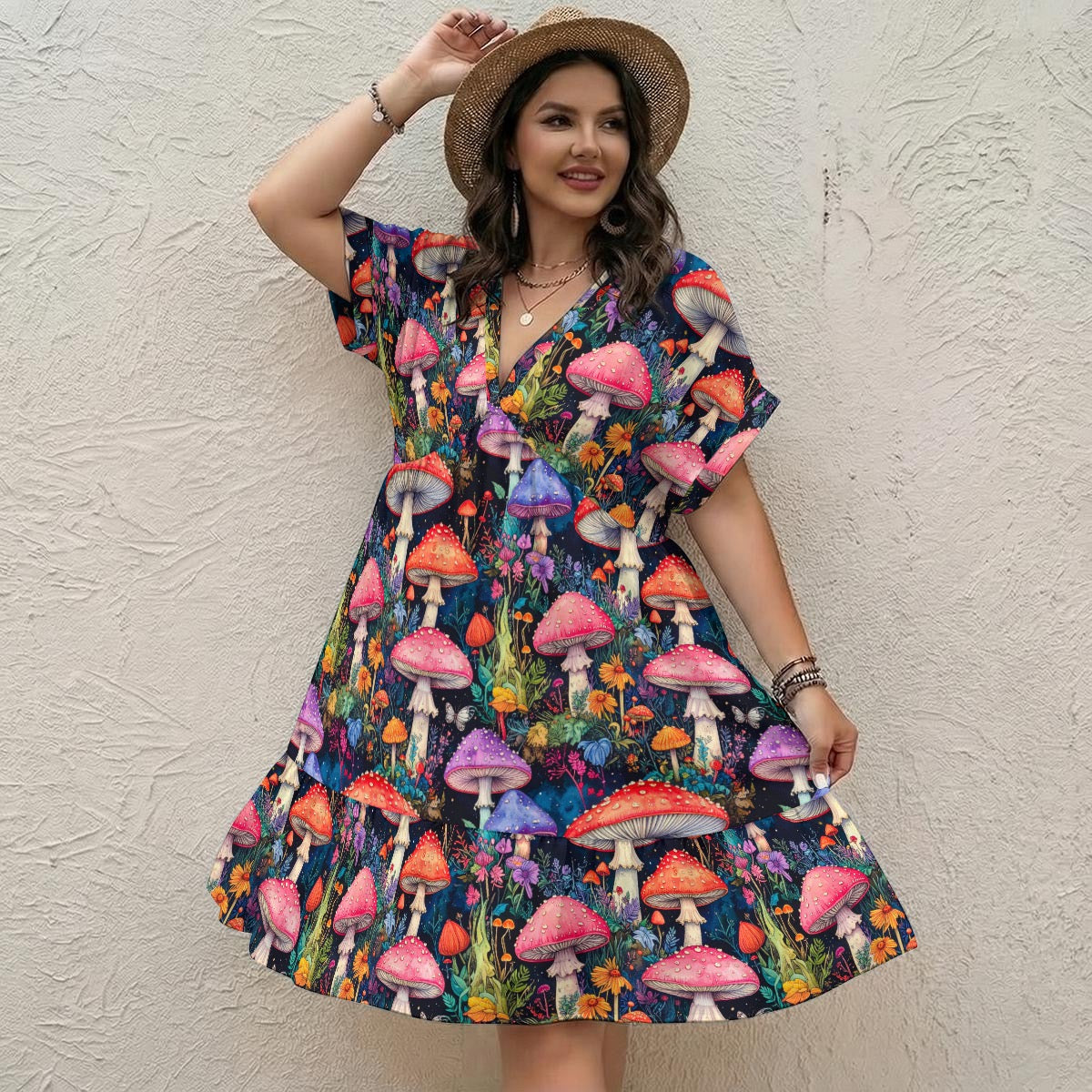 Mystic Mushrooms Trippy V-Neck Flow Dress for Women