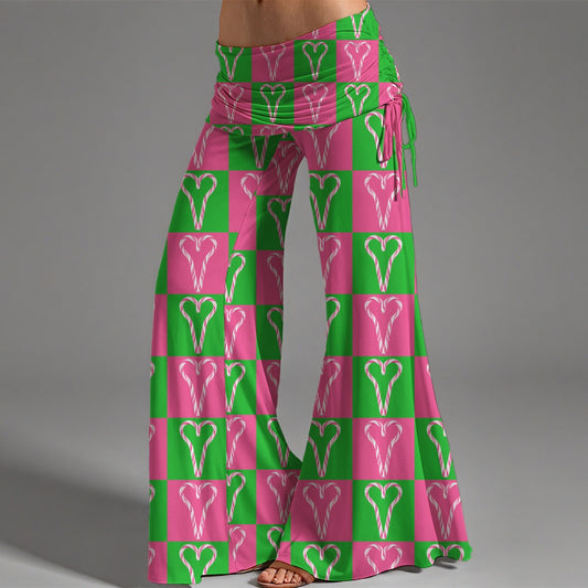 Matching Couples Pet Christmas Ugly Sweater Leggings Pink Green Candy Can Heart Wide Leg Pants
