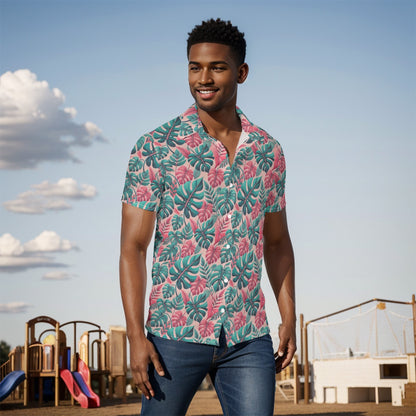 Men's Button-Up Shirt Pink Green Leaf Garden Print Breathable Stretch Fabric