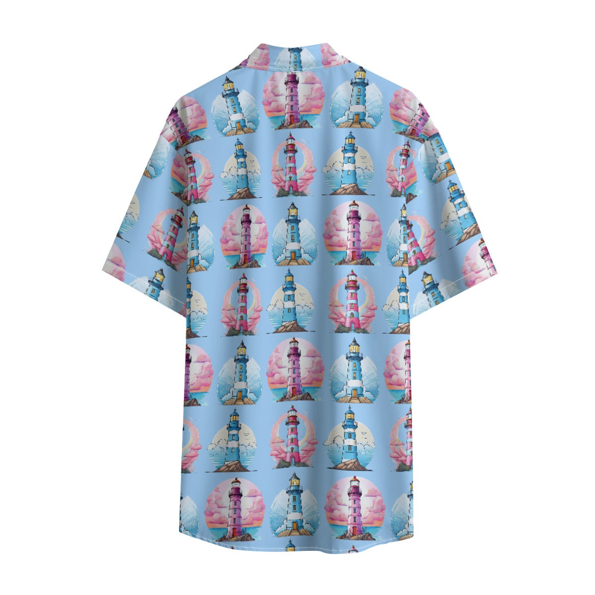 Light Blue Men's Lighthouse Button-Up Shirt with Lightweight Stretch Fabric Cruise Vacations Sailing